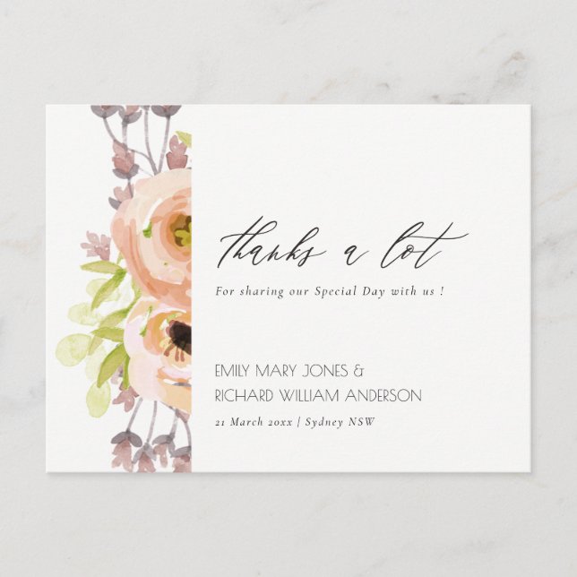 ROMANTIC PINK, PURPLE, BLUE FLORAL THANK YOU POSTCARD (Front)