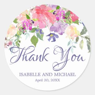 Romantic Pink & Purple Floral Thank You Wedding Classic Round Sticker