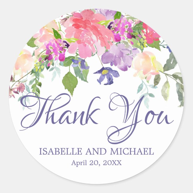 Romantic Pink & Purple Floral Thank You Wedding Classic Round Sticker (Front)