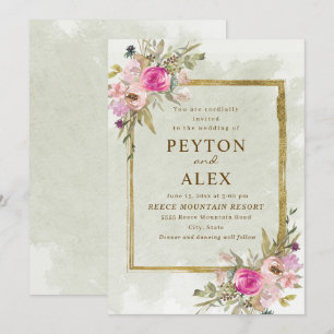 Romantic Pink Purple Sage Green Leaves Gold Invitation