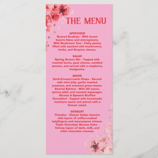 Romantic Pink Red Floral  Menu , Wedding Menu (Front)