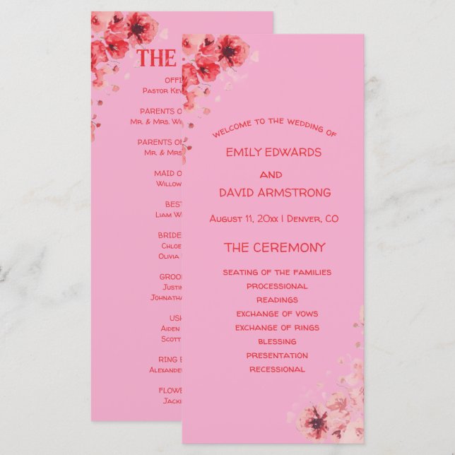 Romantic Pink Red Floral Wedding Program (Front/Back)