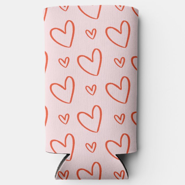 Romantic pink & red hearts seltzer can cooler (Front)