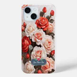 Romantic Pink Red Roses Flowers on White Marble iPhone 15 Case