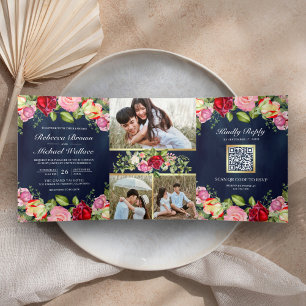 Romantic Pink Red Roses QR Code Navy Blue Wedding Tri-Fold Invitation