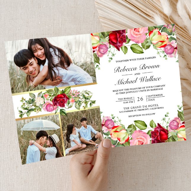 Romantic Pink Red Roses QR Code Wedding Invitation (Creator Uploaded)