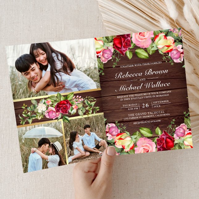 Romantic Pink Red Roses QR Code Wood Wedding Invitation (Creator Uploaded)