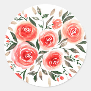 Romantic Pink Red Watercolor Roses Floral Classic Round Sticker