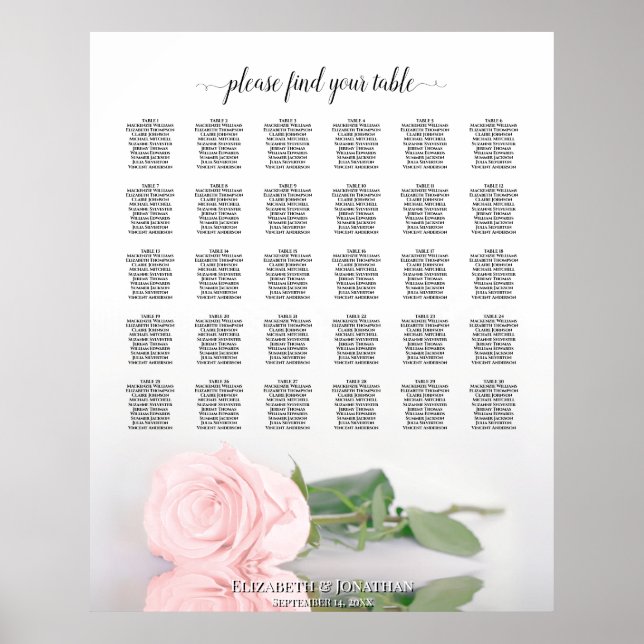 Romantic Pink Rose 30 Table Wedding Seating Chart (Front)