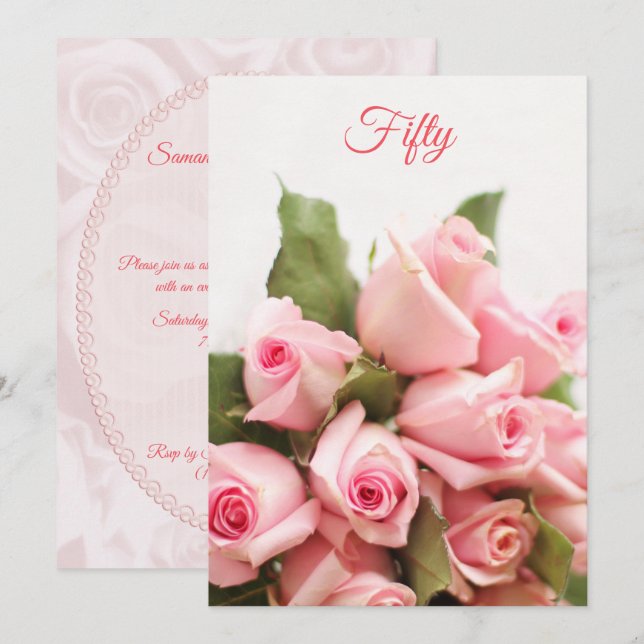 Romantic Pink Rose Bouquet 50th Birthday Invitation (Front/Back)