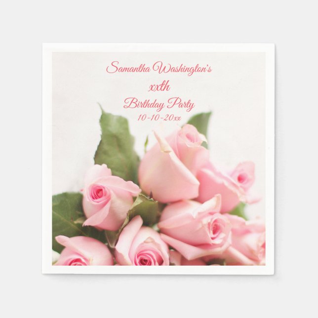 Romantic Pink Rose Bouquet  Birthday Napkin (Front)