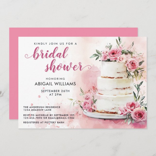 Romantic Pink Rose Cake Floral Bridal Shower Invitation (Front/Back)
