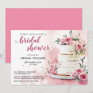 Romantic Pink Rose Cake Floral Bridal Shower Invitation