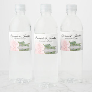 Romantic Pink Rose Couple's Names Elegant Wedding Water Bottle Label