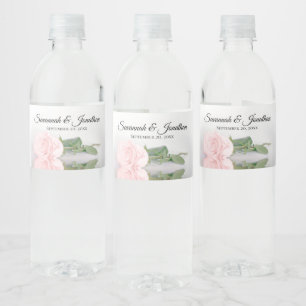 Romantic Pink Rose Couple's Names Elegant Wedding Water Bottle Label