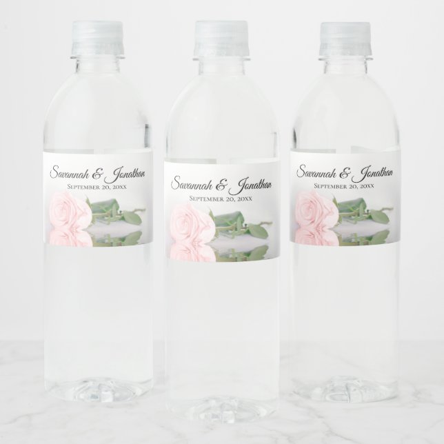 Romantic Pink Rose Couple's Names Elegant Wedding Water Bottle Label (Bottles)