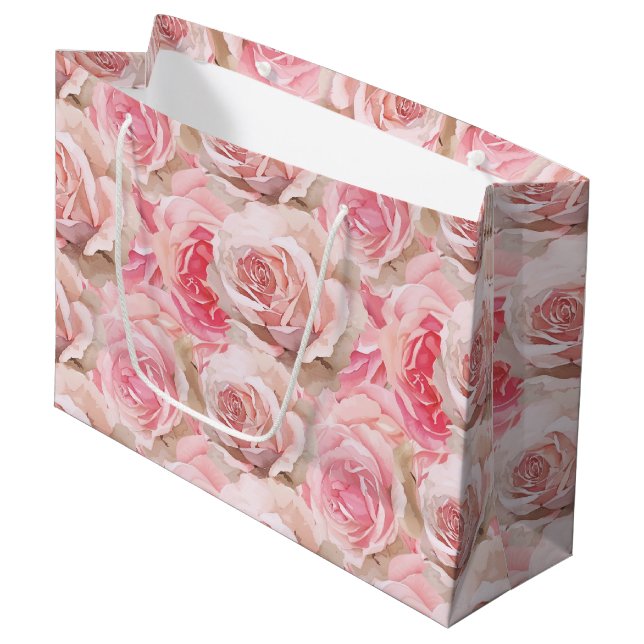 Romantic Pink Rose Floral Bridal Shower Large Gift Bag (Front Angled)