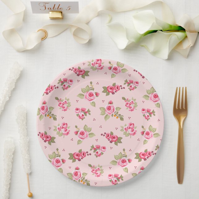 Romantic Pink Rose Floral Disposable Paper Plates (Wedding)
