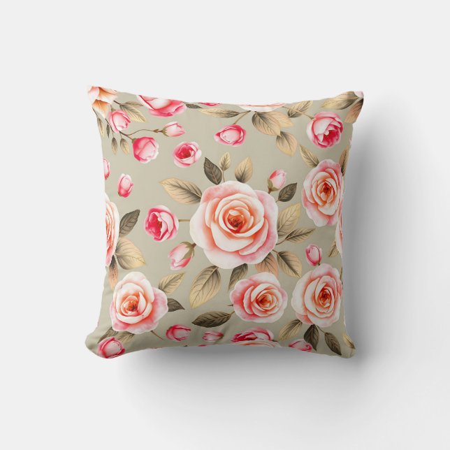 Romantic Pink Rose Floral Pattern Cushion (Front)