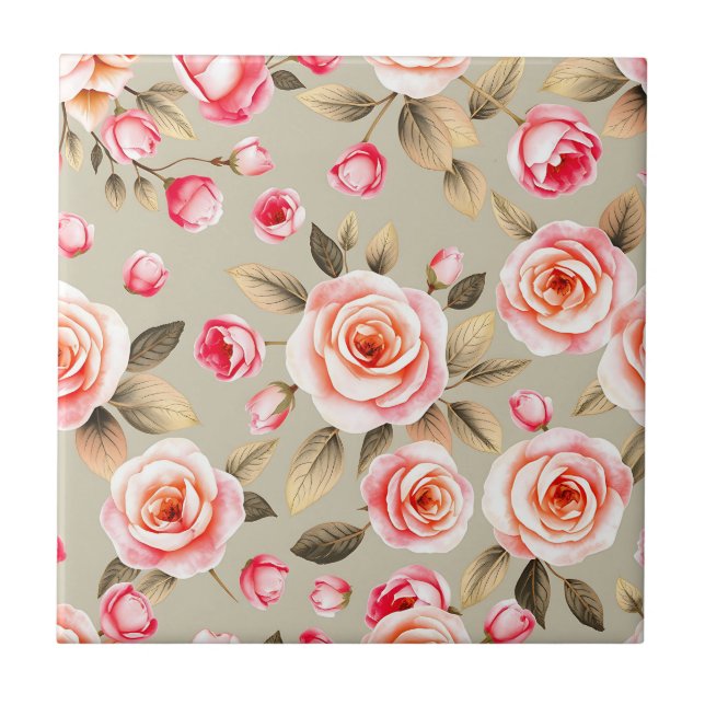 Romantic Pink Rose Floral Pattern Tile (Front)