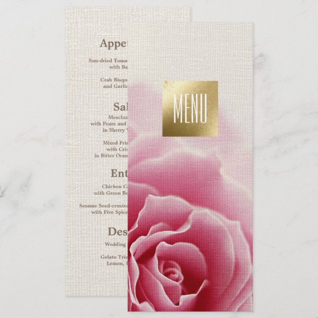 Romantic Pink Rose | Gold Foil Wedding Menu Cards (Front/Back)