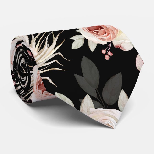 ROMANTIC PINK ROSE PATTERN on BLACK GROOMS  Tie (Rolled)