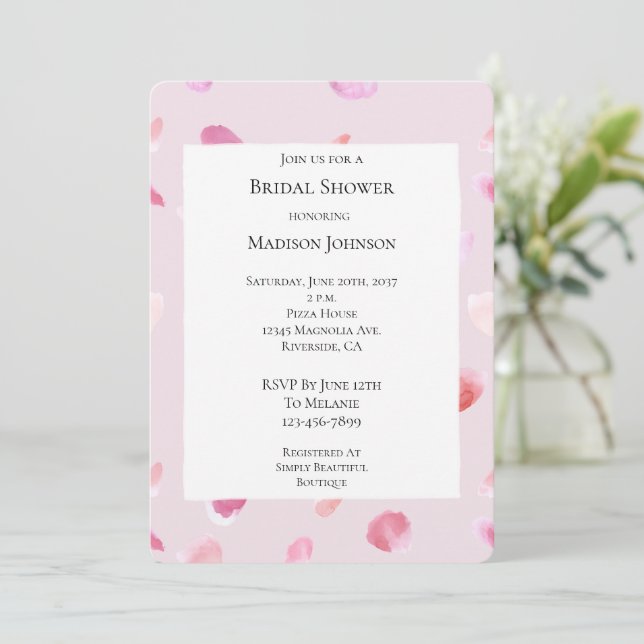 Romantic Pink Rose Petals Floral Bridal Shower Invitation (Standing Front)