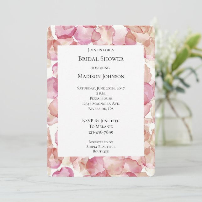 Romantic Pink Rose Petals Floral Bridal Shower Invitation (Standing Front)
