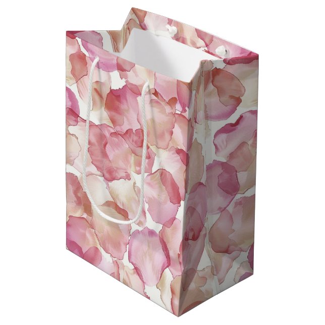 Romantic Pink Rose Petals Floral Bridal Shower Medium Gift Bag (Front Angled)