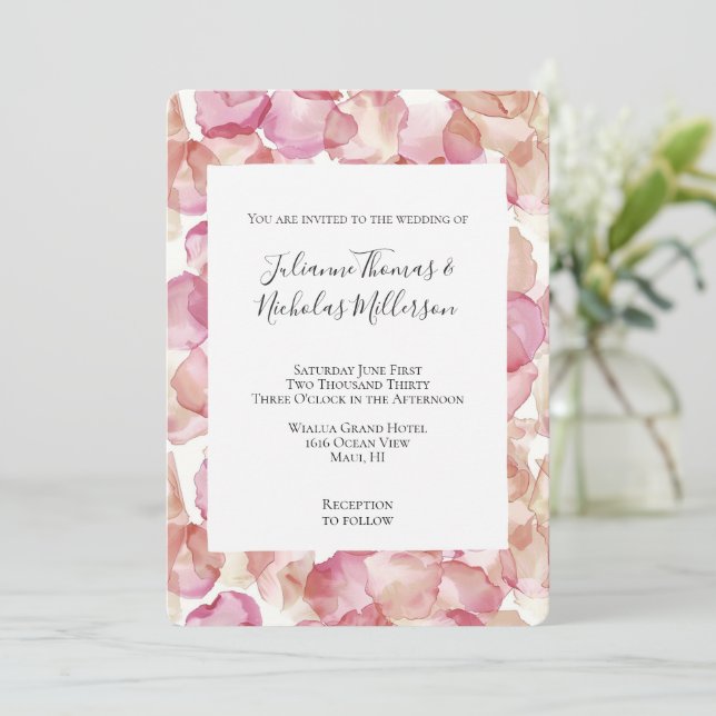 Romantic Pink Rose Petals Floral Wedding Invitation (Standing Front)