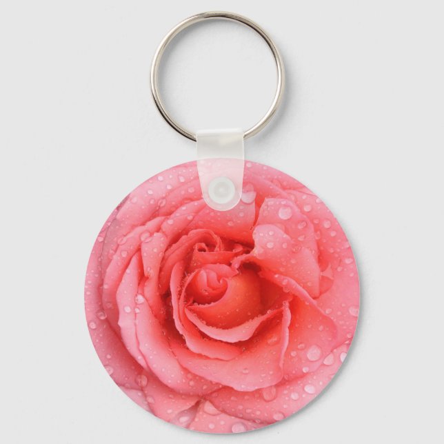 Romantic Pink Rose Water Drops Key Ring (Front)