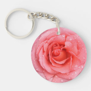 Romantic Pink Rose Water Drops Key Ring