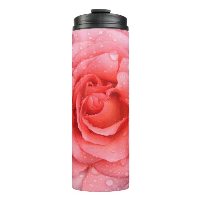 Romantic Pink Rose Water Drops Thermal Tumbler (Front)