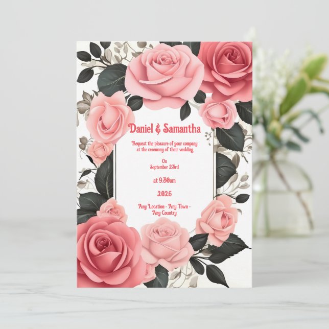 Romantic Pink Rose Wedding Invitations (Standing Front)