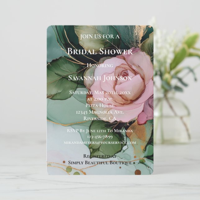 Romantic Pink Rose White Gold Floral Bridal Shower Invitation (Standing Front)