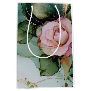 Romantic Pink Rose White Gold Floral Bridal Shower Medium Gift Bag