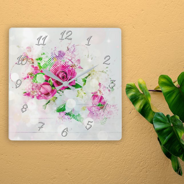 Romantic Pink Rose With Bokeh & Sparkles on White  Square Wall Clock (Creator Uploaded)