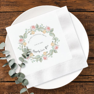 Romantic Pink Rose Wreath Wedding Paper Plates Napkin