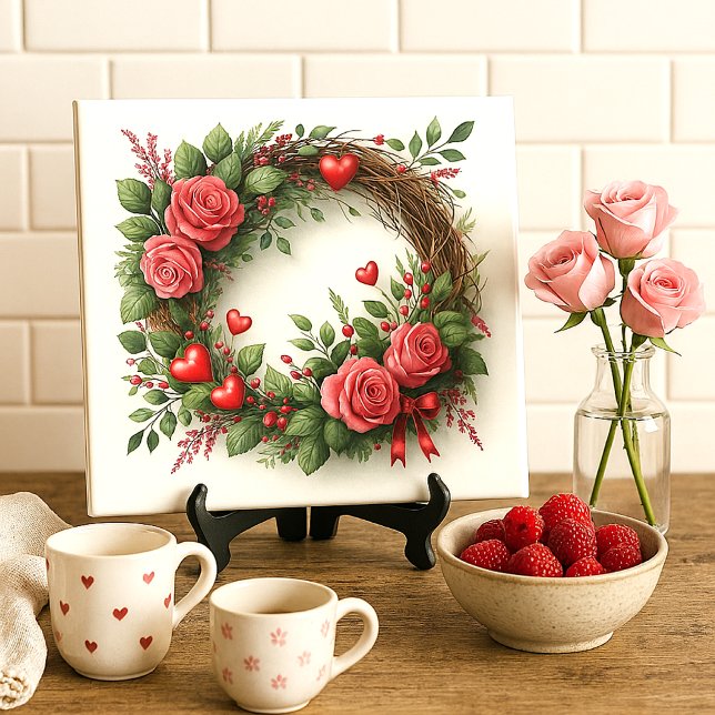 Romantic Pink Rose Wreath with Red Hearts  Tile (“Styled using AI-generated mockup by Susang6.”)