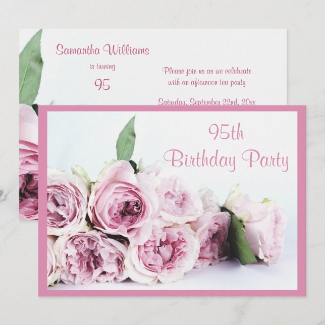 Romantic Pink Roses 95th Birthday Invitation (Front/Back)