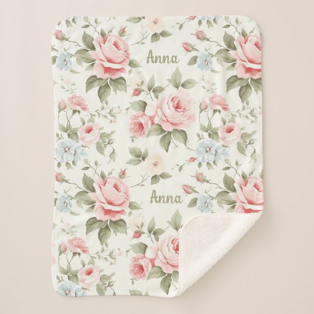 Romantic Pink Roses All over Pattern with Name Sherpa Blanket (Front)