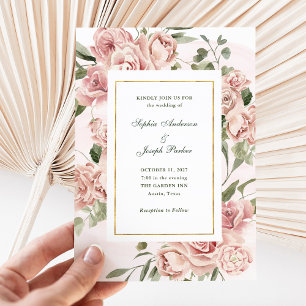 Romantic Pink Roses and Gold Wedding Invitation