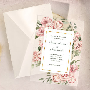 Romantic Pink Roses and Gold   Wedding Vellum Invitations