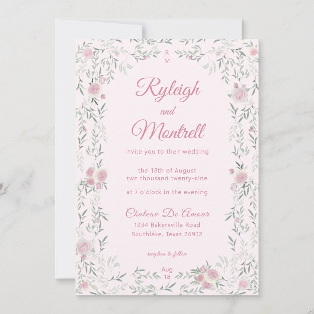 Romantic Pink Roses and Greenery Wedding Invitation (Front)