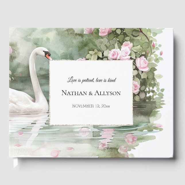 Romantic Pink Roses Arch Swan Lake Wedding Guest Book (Front)