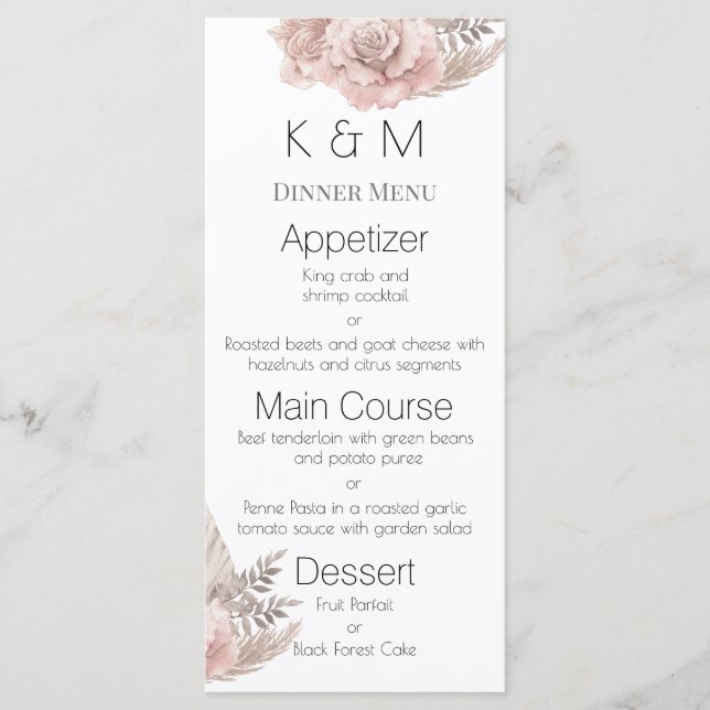Romantic Pink Roses Boho Wedding Menu (Front)