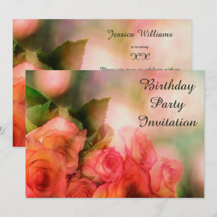 Romantic Pink Roses Bokeh Birthday Invitation