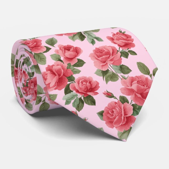 Romantic Pink Roses Botanical Pattern Tie (Rolled)