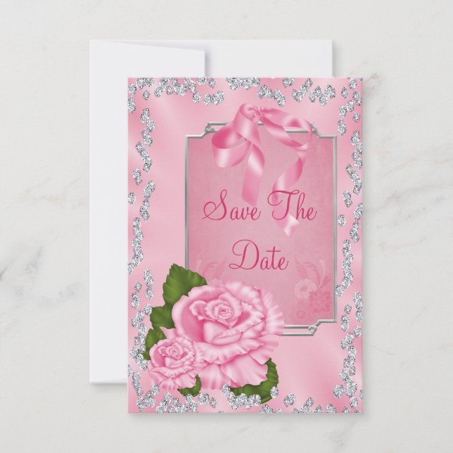 Romantic Pink Roses & Bows 18th Save The Date (Front)