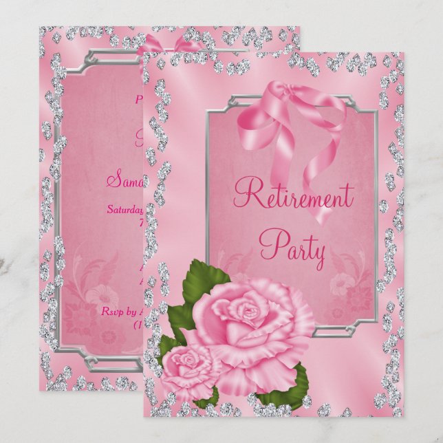 Romantic Pink Roses & Bows retirement Invitation (Front/Back)